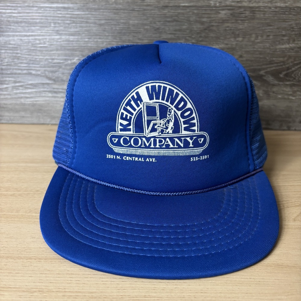 Vintage Keith Window Company Hat Cap Snap Back Blue Mesh Trucker AmaPro Mens 80s